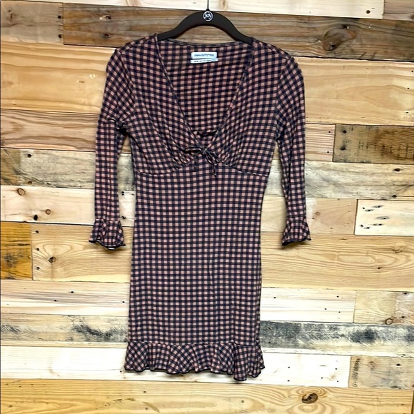 Urban Outfitters size XS Checker Gray & Pink Plaid V-Neck Bell Sleeve Mini Dress - Picture 1 of 9